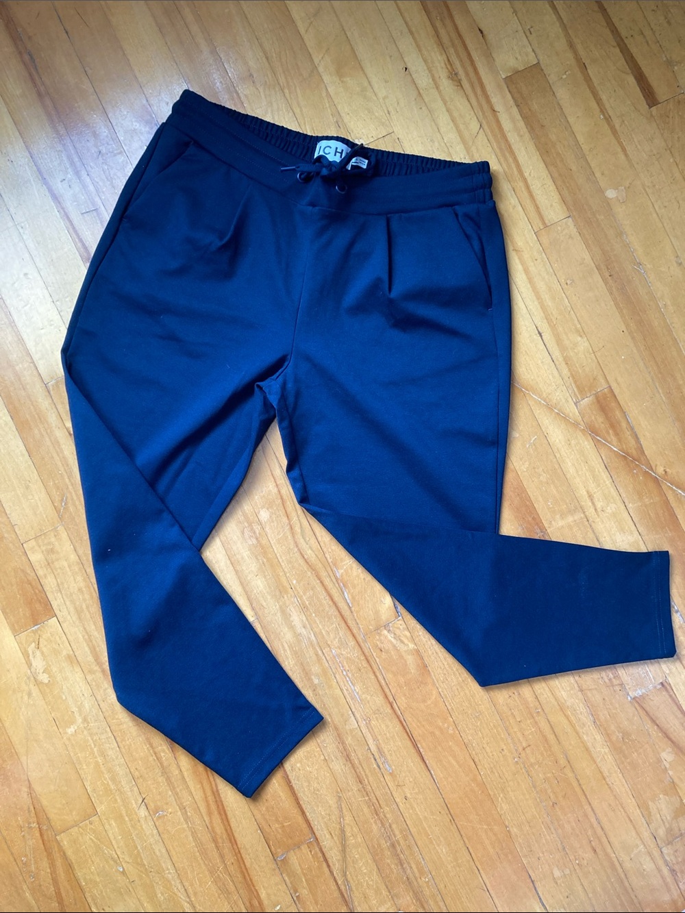 Slim Petite Navy Trousers with Drawstring Waist